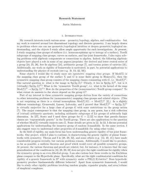 Research Statement Justin Malestein 1. Introduction My research ...