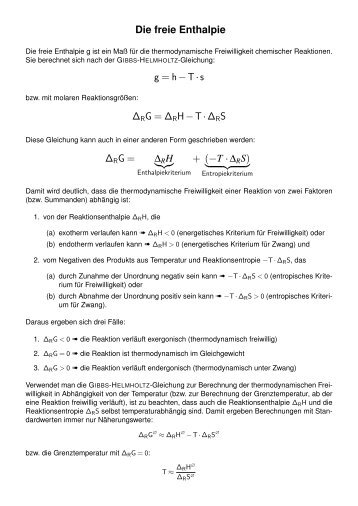 Die freie Enthalpie g = h−T·s ∆RG = ∆ RH−T·∆RS ∆RG ... - Wilke-j.de