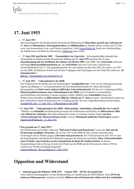 17. Juni 1953 Oppostion und Widerstand - DDR im Unterricht