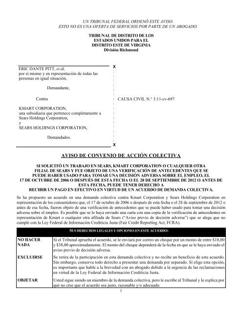 aviso de convenio de acción colectiva - Pitt v. Kmart Corporation, et ...