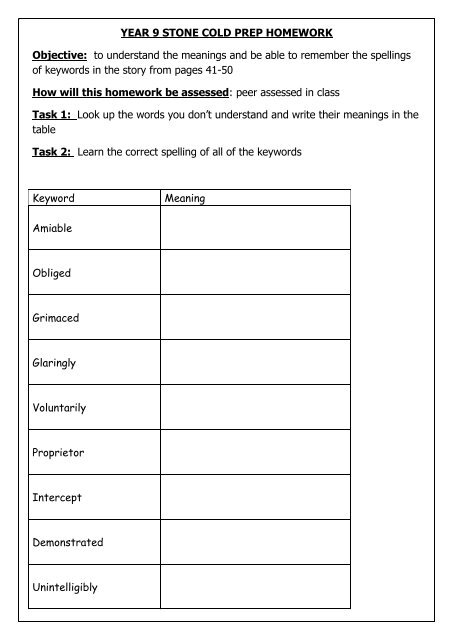 Year 9 Stone Cold Prep Homework Objective To Understand