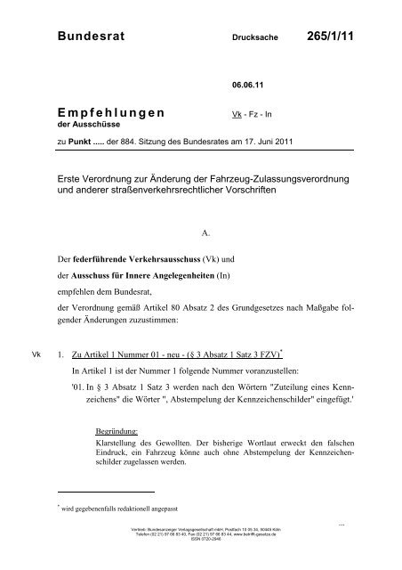 Empfehlungen Bundesrat 265/1/11 - Das Fahrerlaubnisrecht