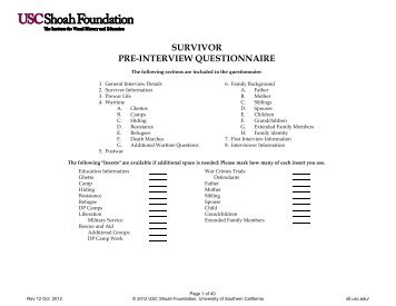 Pre-Interview Questionnaire - USC Shoah Foundation - University of ...