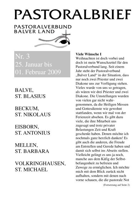 Pastoralbrief 25.01. -  01.02.09 - Kath. Pfarrei St. Blasius zu Balve