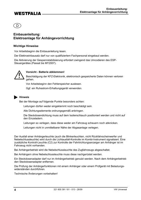 Einbauanleitung: Elektroanlage für Anhängevorrichtung ... - MVG