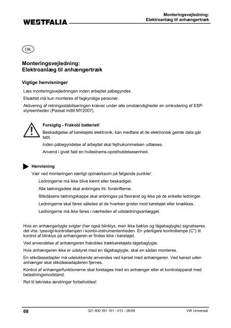 Einbauanleitung: Elektroanlage für Anhängevorrichtung ... - MVG