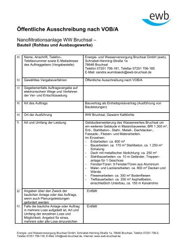 Öffentliche Ausschreibung nach VOB/A - Stadtwerke Bruchsal GmbH