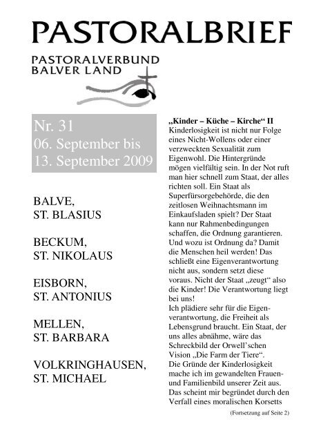 Pastoralbrief 06.09. - 13.09.09 - Kath. Pfarrei St. Blasius zu Balve