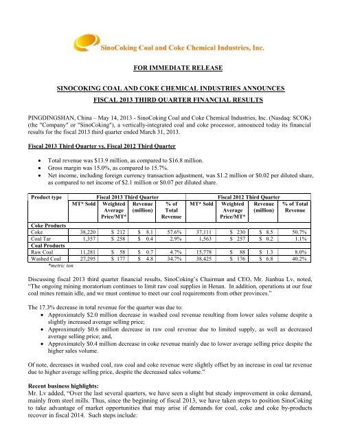 Sinocoking Coal And Coke Chemical Industries ... - PrecisionIR