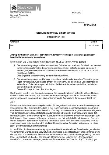 Stellungnahme zu einem Antrag (Rat) - Vorlage 1864/2012