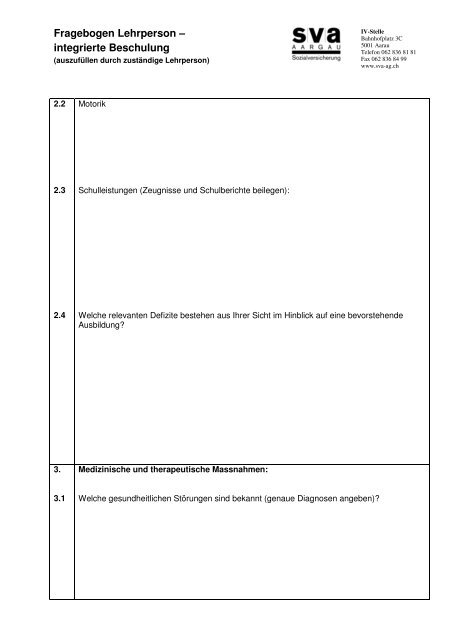 Fragebogen Anmeldung integrierter Sonderschüler - SVA Aargau