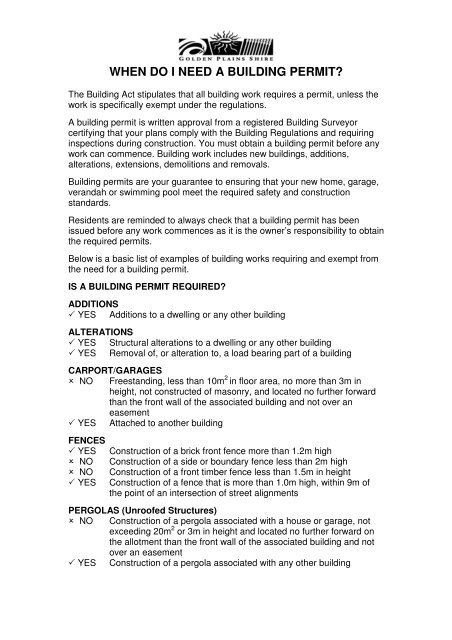 When Do I Need A Building Permit Golden Plains Shire