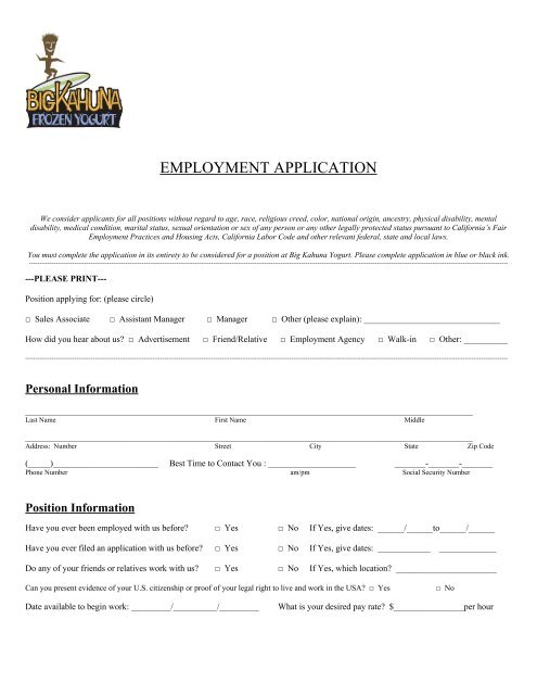 EMPLOYMENT APPLICATION - <a href=