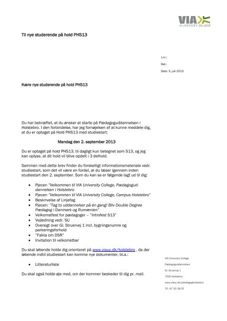 Velkomstbrev hold PHS13 - VIA University College