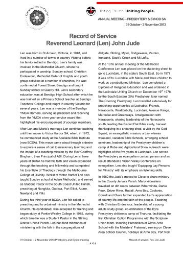 Record of Service - Len Jude - Uniting Church in Australia