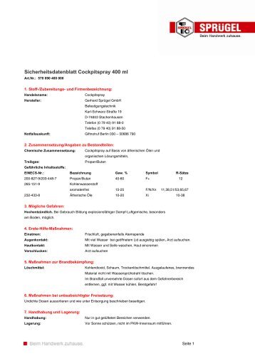 Sicherheitsdatenblatt Cockpitspray 400 ml - Gerhard Sprügel GmbH