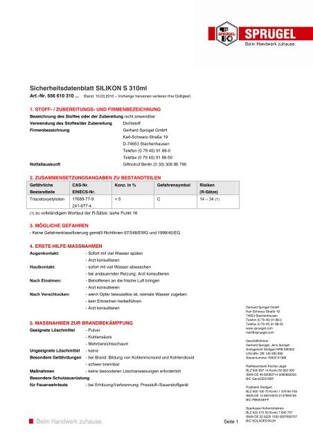 Sicherheitsdatenblatt SILIKON S 310ml - Gerhard Sprügel GmbH