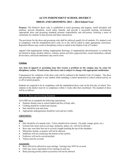 Dress Code Alvin Independent School District Dress Code Alvin Independent School District