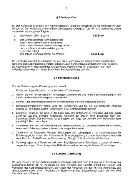 Informationsblatt zum Kurbeitrag - Spreewald-Freizeitoase