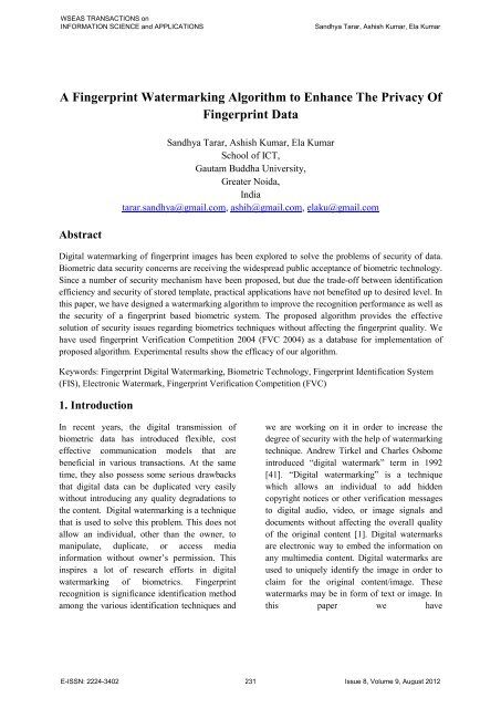 A Fingerprint Watermarking Algorithm to Enhance The ... - WSEAS