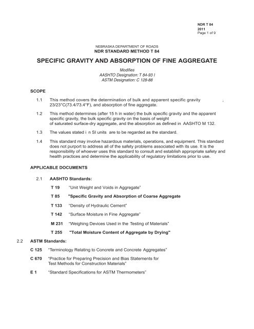 specific gravity and absorption of fine aggregate - Nebraska ...