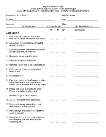 NURS 111 Check list Inserting a nasogastric tube for gastric ...