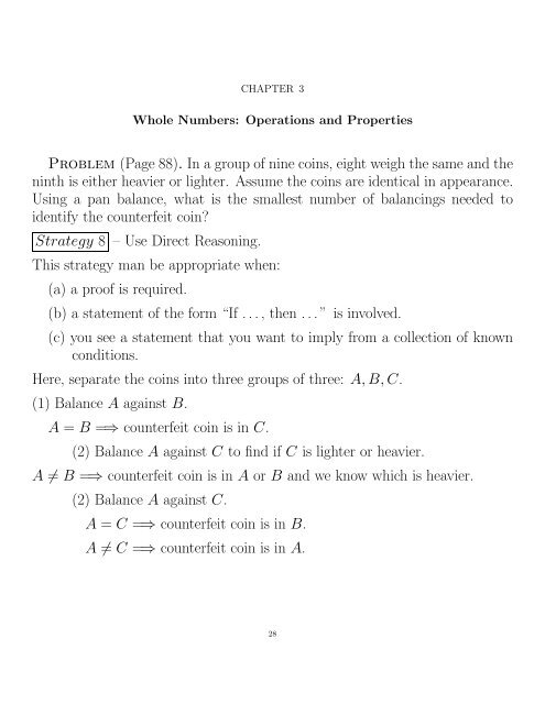 Problem (Page 88). In a group of nine coins, eight weigh the same ...