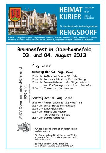 Brunnenfest in Oberhonnefeld 03. und 04. August 2013 Programm