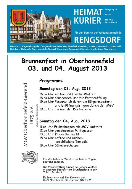 Brunnenfest in Oberhonnefeld 03. und 04. August 2013 Programm