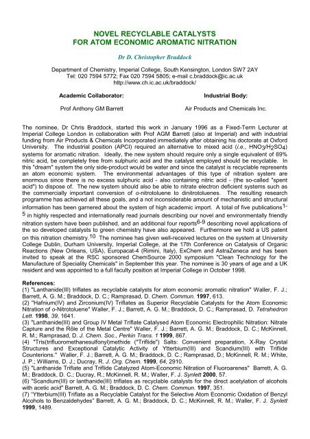 Novel Recyclable Catalysts For Atom Economic Aromatic Nitration