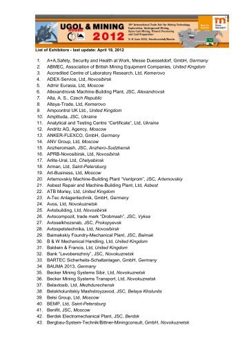 Preliminary list of all exhibitors 2012 - UGOL & Mining
