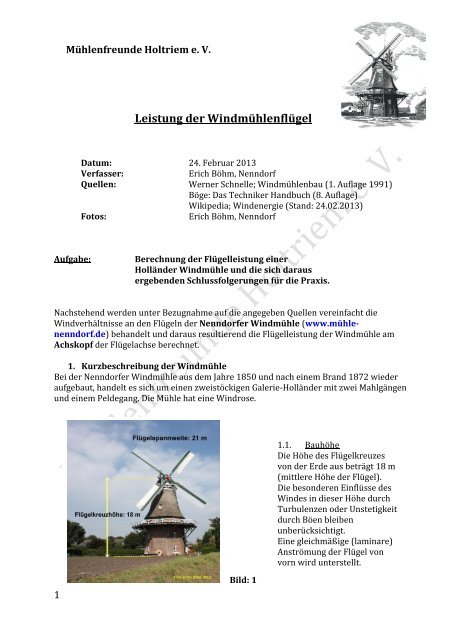 Leistung der Windmühlenflügel - Mühle Nenndorf