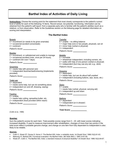 Barthel Index of Activities of Daily Living - University of Iowa Health ...