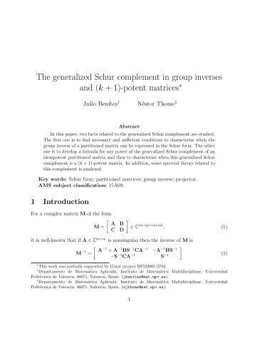 The generalized Schur complement in group inverses and (k ... - UPV