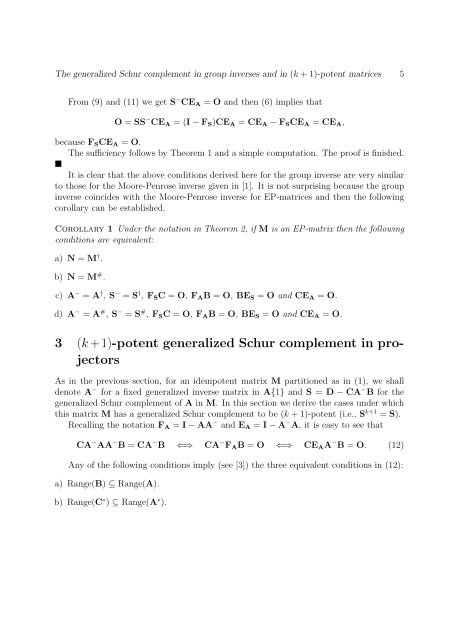 The generalized Schur complement in group inverses and (k ... - UPV
