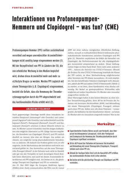 Interaktionen von Protonenpumpen- Hemmern und Clopidogrel ...