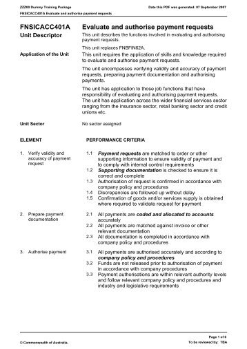 FNSICACC401A Evaluate and authorise payment requests