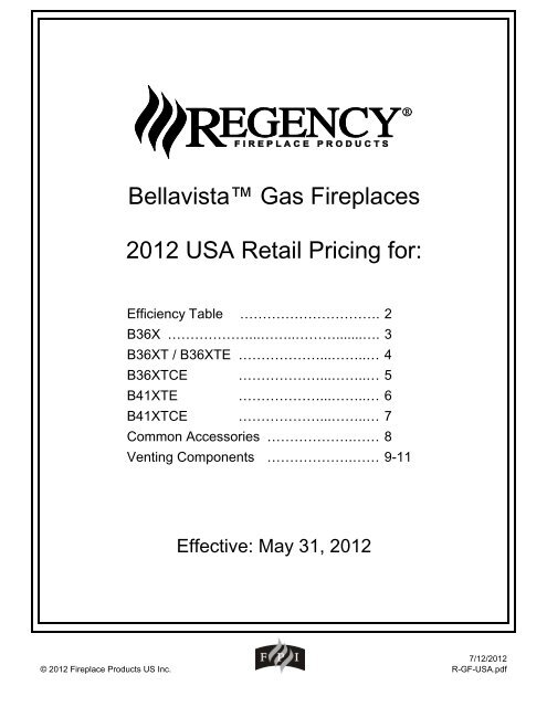 Bellavista Gas Fireplaces 2012 Usa Retail Pricing For