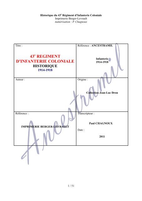 43 REGIMENT D'INFANTERIE COLONIALE - Ancestramil
