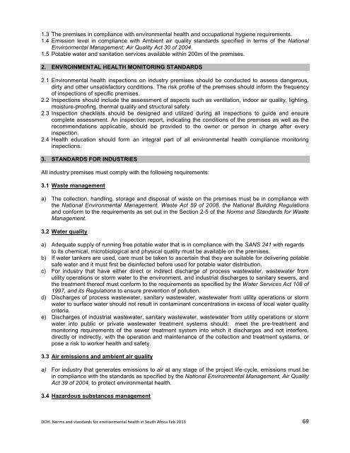 National Norms and Standards relating to Environmental Health