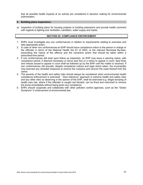 National Norms and Standards relating to Environmental Health
