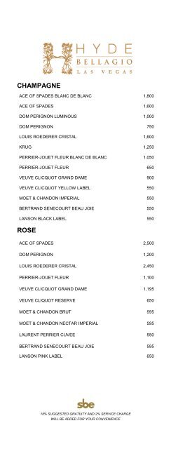 Nightclub Menu - Bellagio