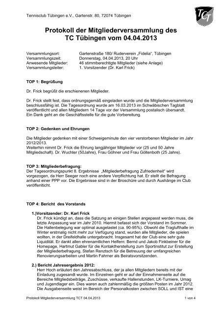 Protokoll der Mitgliederversammlung des - TC Tübingen