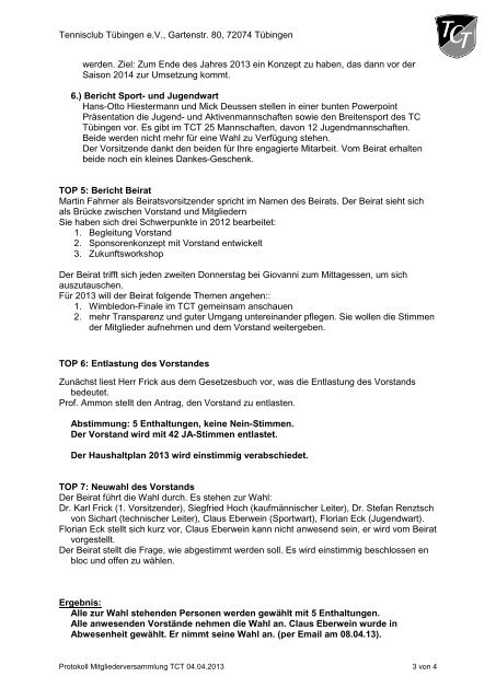 Protokoll der Mitgliederversammlung des - TC Tübingen