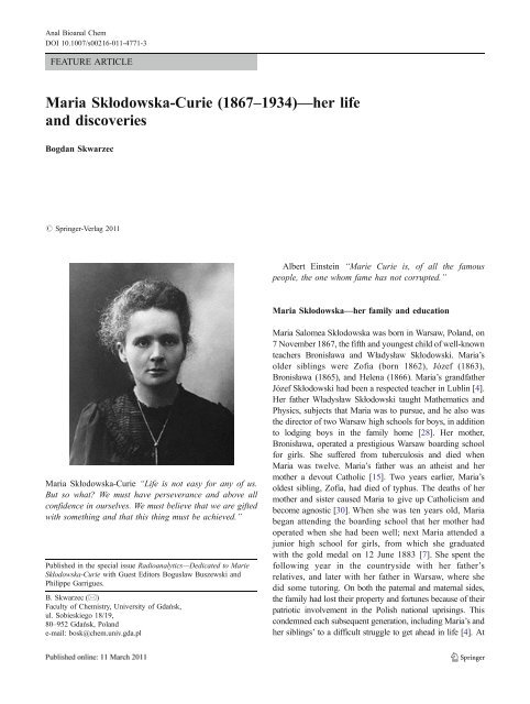 Maria Skłodowska-Curie (1867–1934)—her life and discoveries