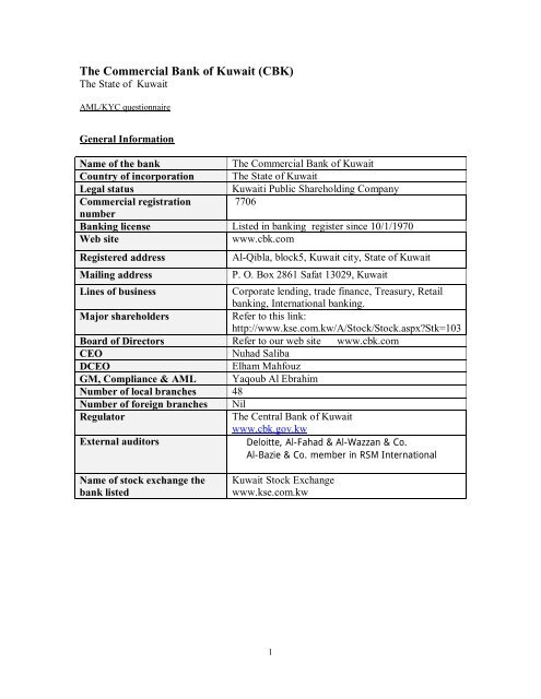 AML/KYC questionnaire - Commercial Bank of Kuwait
