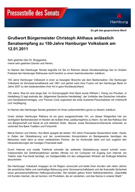 Grußwort Bürgermeister Christoph Ahlhaus - Hamburger Volksbank