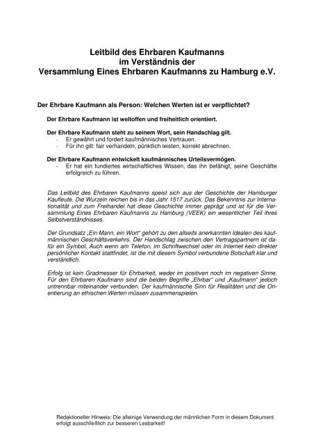 Leitbild des Ehrbaren Kaufmanns im Verständnis der Versammlung