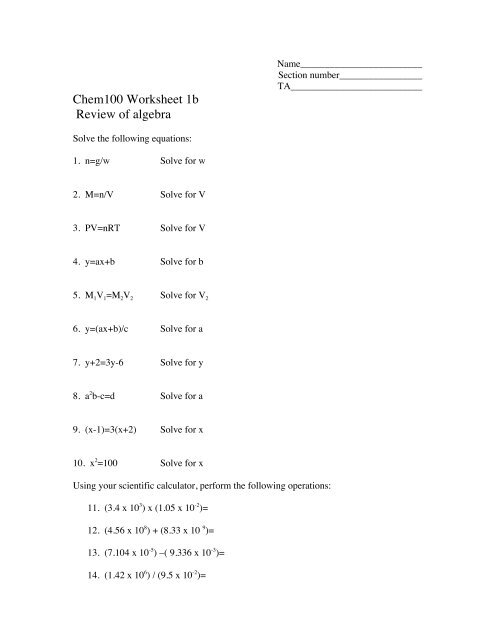 Chem100 Worksheet 1b Review Of Algebra