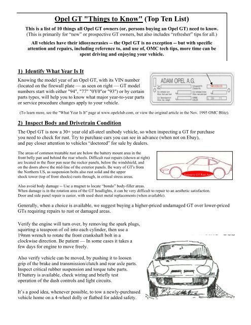 Opel GT &quot;Things to Know&quot; (Top Ten List) - Opel Motorsports Club